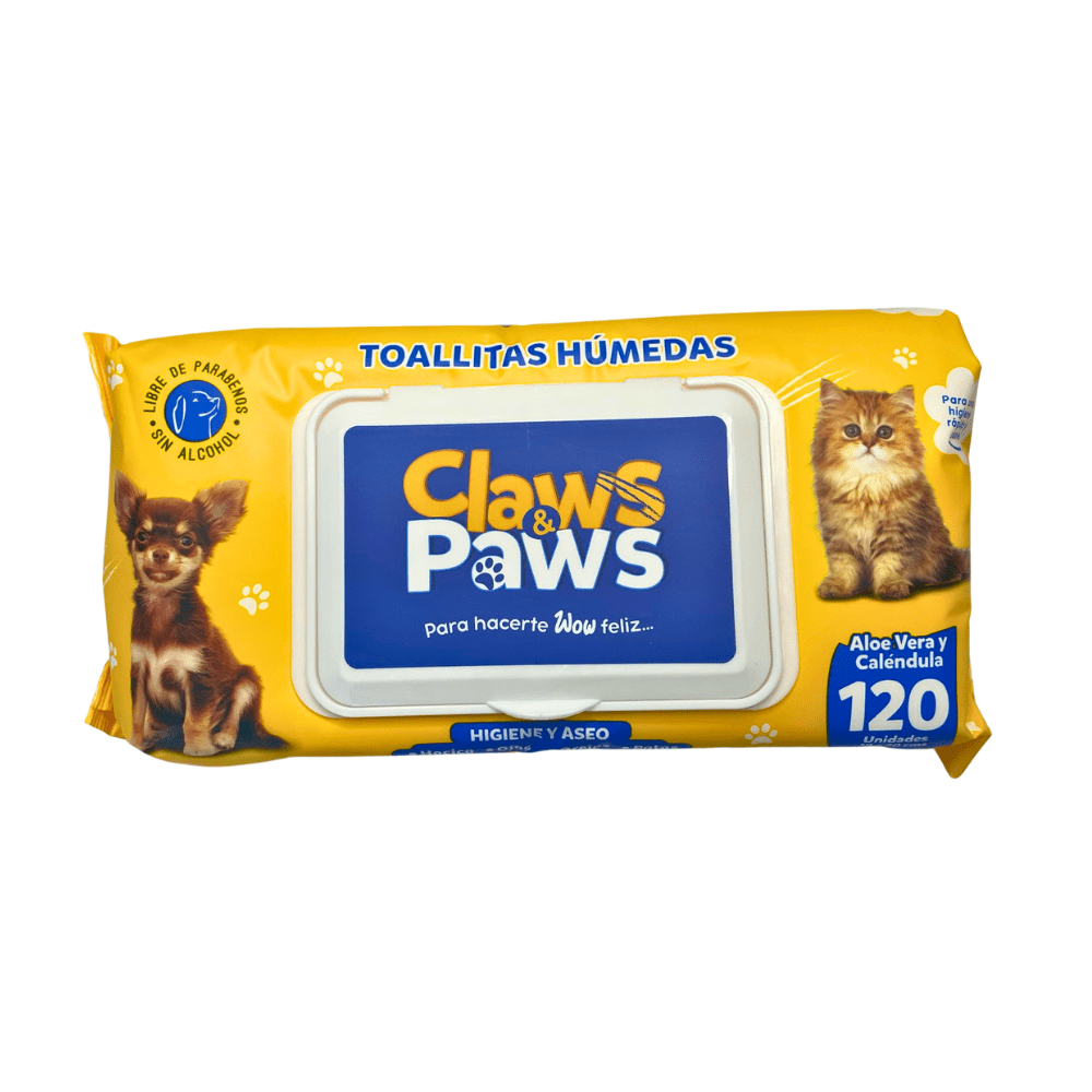Claws & Paws Toallas Húmedas con Aloe Vera y Caléndula para Mascotas 120UN