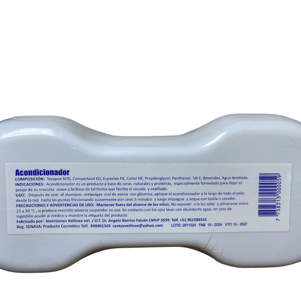 Etiqueta del Acondicionador Vetlinex con avena y glicerina