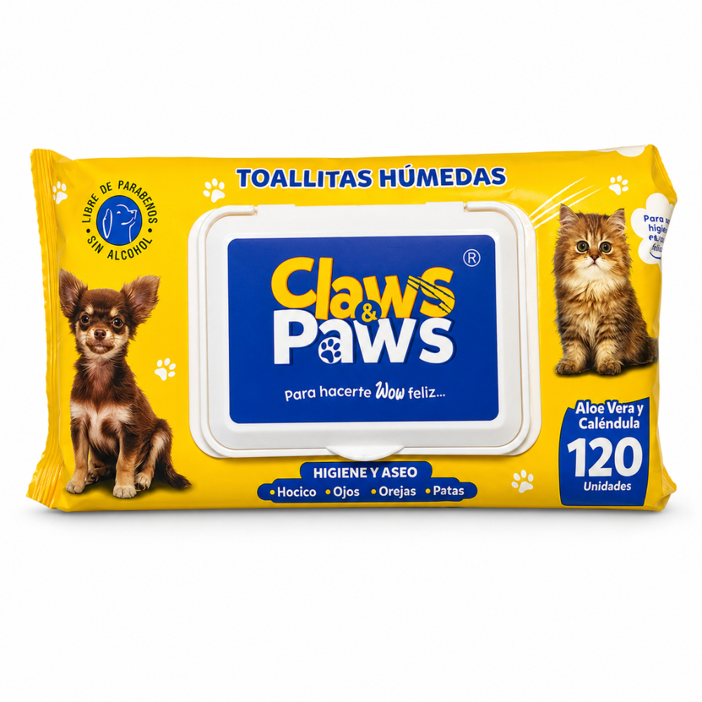 Claws & Paws Toallas Húmedas con Aloe Vera y Caléndula para Mascotas 120UN Toallas Húmedas Mascotas Aloe Vera Caléndula 120UN