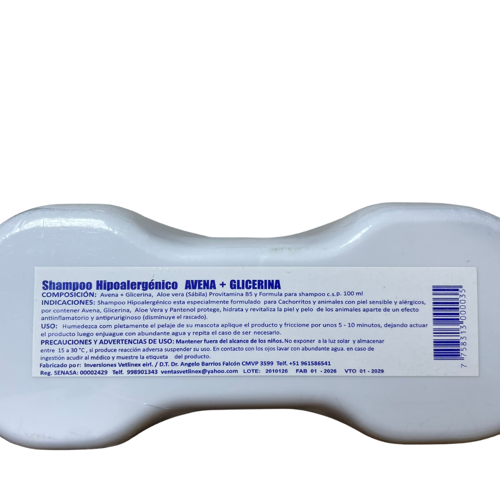 Etiqueta del Shampoo Vetlinex con extracto de avena y glicerina